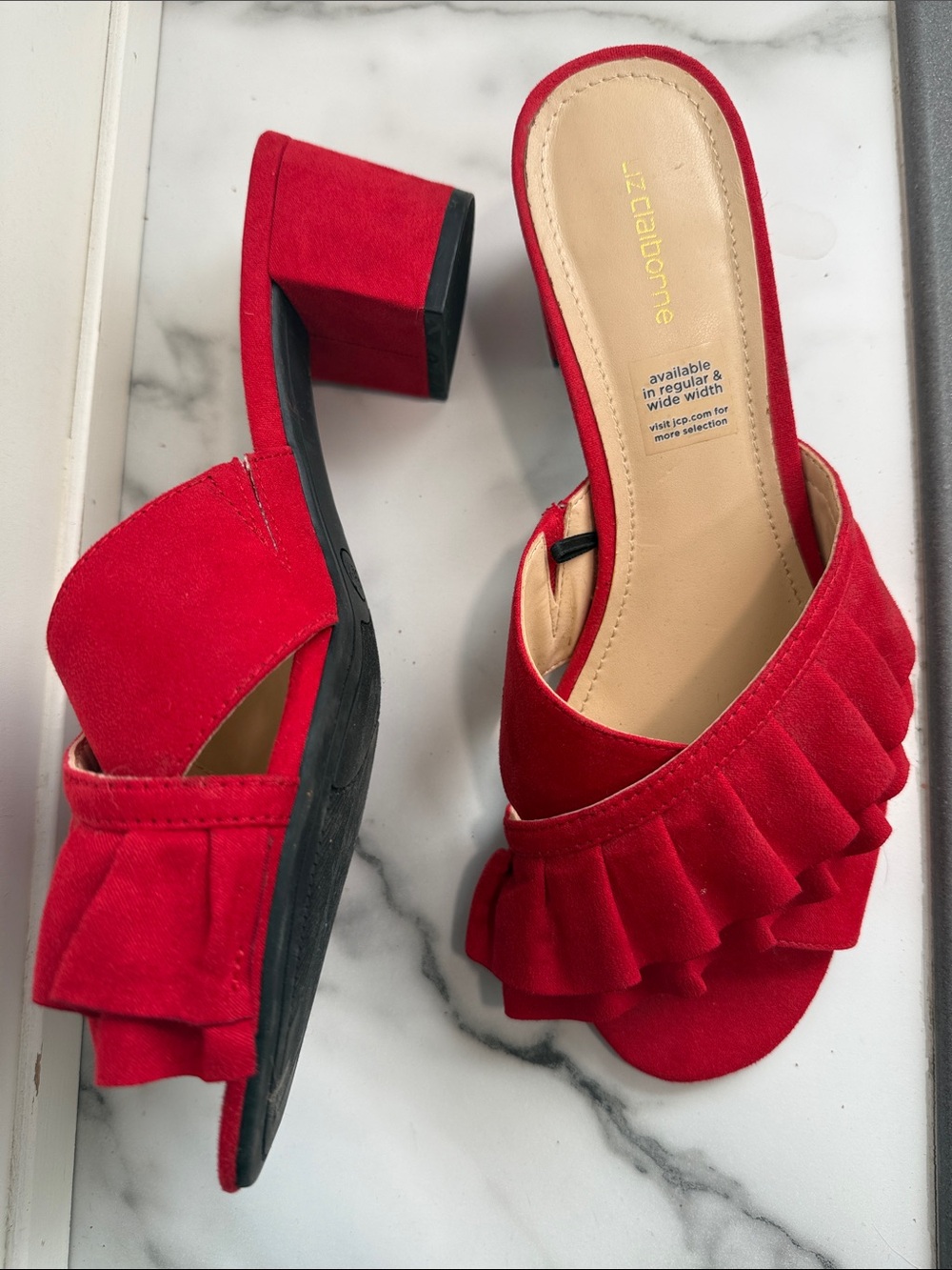 Liz Claiborne Cerika Red Faux Suede Ruffle Slide Block Heel Sandals Size 8.5